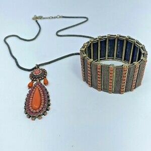 Jessica Simpson stretch bracelet necklace orange copper tone adjustable pendant